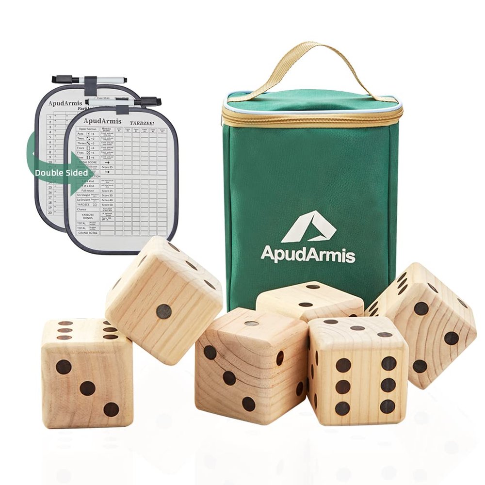 ApudArmis Giant Wooden Yard Dice, 3.5In Big Die Lawn Game Set with Scoreboard & Carrying Bag - Large Pine Wooden 6 Dice Backyard Game for Adults Family