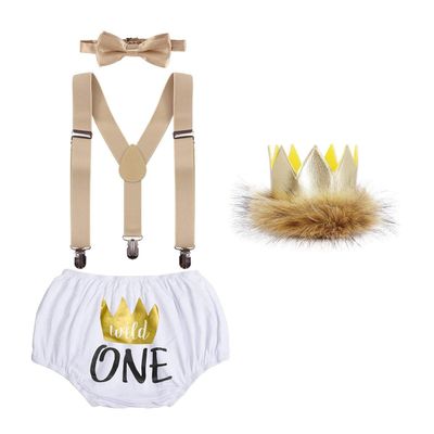 Baby Boy First Birthday Cake Smash Outfit Wild One Lion Photo Props Y-back Suspender Diaper Cover Shorts Pants Bow Tie King Crown 4pcs Clothes Set White 6-12 Months