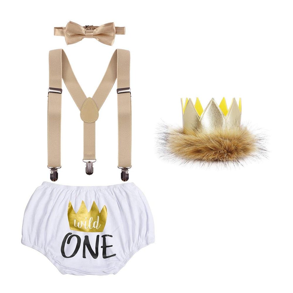 Baby Boy First Birthday Cake Smash Outfit Wild One Lion Photo Props Y-back Suspender Diaper Cover Shorts Pants Bow Tie King Crown 4pcs Clothes Set White 6-12 Months