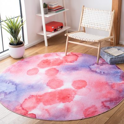 SAFAVIEH Washable Rug Paint Brush Collection - 6'7" Round, Fuchsia & Lavender, Slip Resistant & Easy to Clean, Ideal for Living Room, Bedroom, Nursery, Kids Playroom, Dining Space (PTB122A)