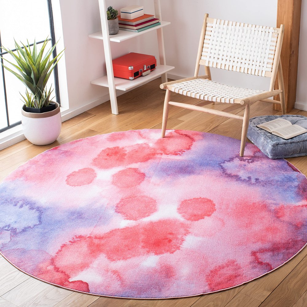 SAFAVIEH Washable Rug Paint Brush Collection - 6'7" Round, Fuchsia & Lavender, Slip Resistant & Easy to Clean, Ideal for Living Room, Bedroom, Nursery, Kids Playroom, Dining Space (PTB122A)