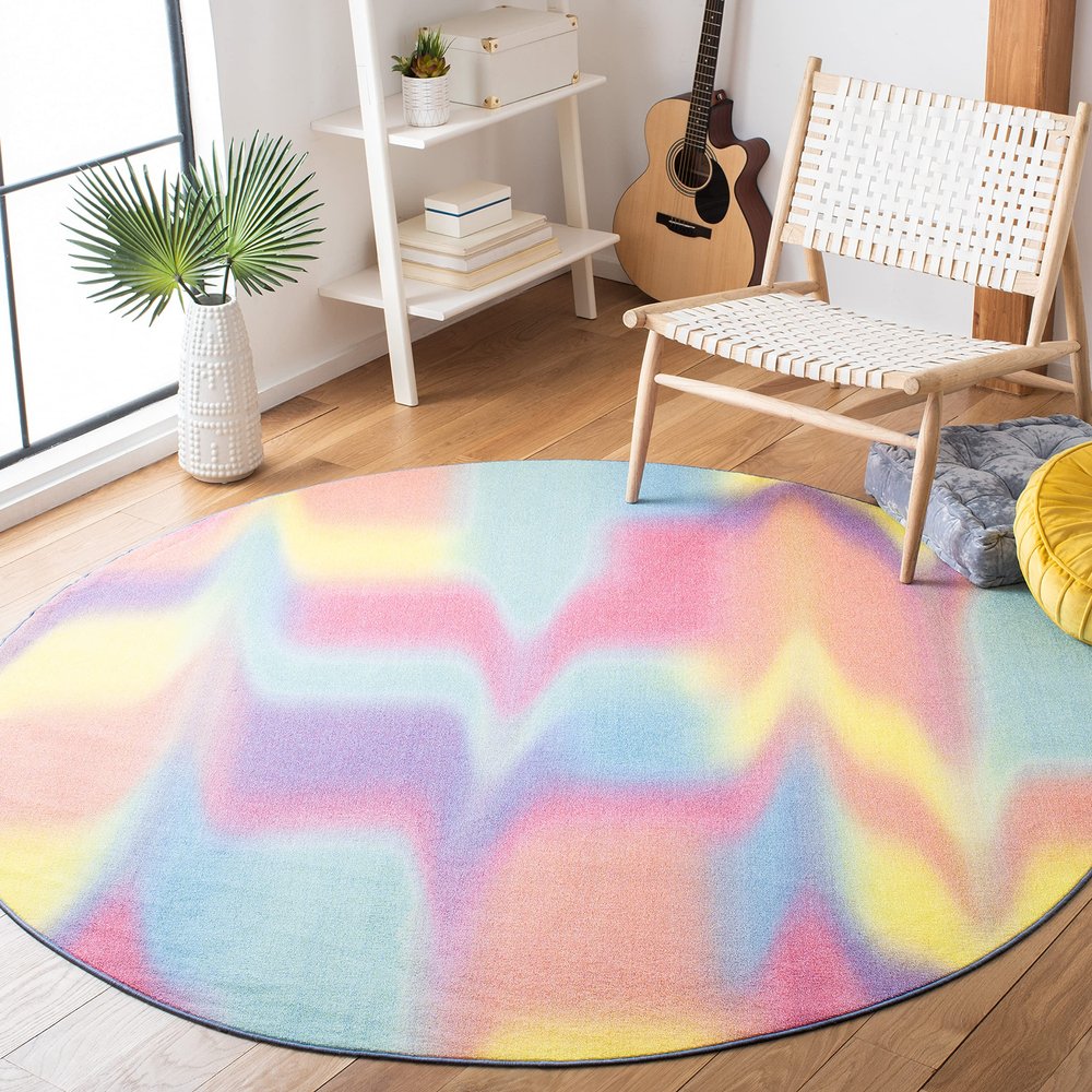 SAFAVIEH Washable Rug Paint Brush Collection - 6'7" Round, Fuchsia & Yellow, Slip Resistant & Easy to Clean, Ideal for Living Room, Bedroom, Nursery, Kids Playroom, Dining Space (PTB117A)