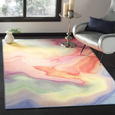 SAFAVIEH Washable Rug Paint Brush Collection - 6'7" Square, Fuchsia & Yellow, Slip Resistant & Easy to Clean, Ideal for Living Room, Bedroom, Nursery, Kids Playroom, Dining Space (PTB123A)