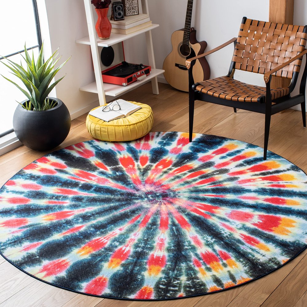 SAFAVIEH Washable Rug Paint Brush Collection - 6'7" Round, Black & Coral, Slip Resistant & Easy to Clean, Ideal for Living Room, Bedroom, Nursery, Kids Playroom, Dining Space (PTB126F)