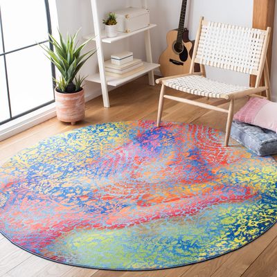 SAFAVIEH Washable Rug Paint Brush Collection - 6'7" Round, Blue & Coral, Slip Resistant & Easy to Clean, Ideal for Living Room, Bedroom, Nursery, Kids Playroom, Dining Space (PTB119B)
