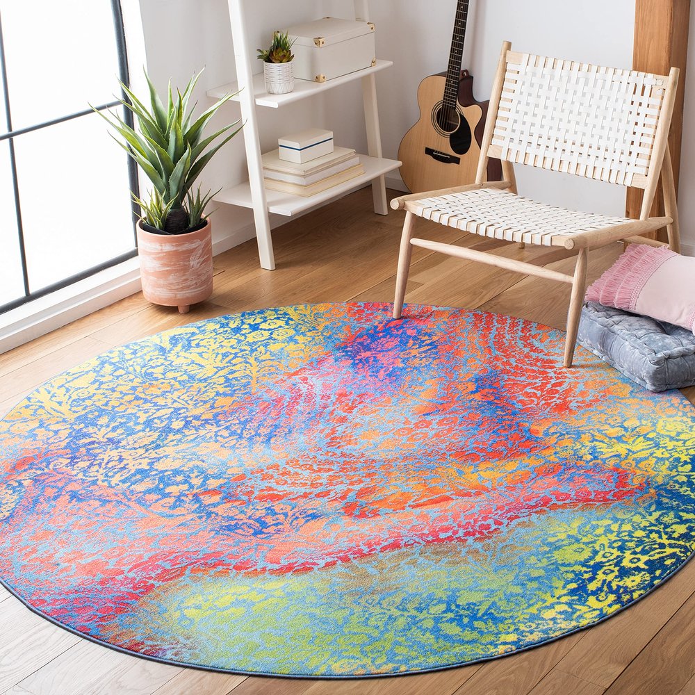 SAFAVIEH Washable Rug Paint Brush Collection - 6'7" Round, Blue & Coral, Slip Resistant & Easy to Clean, Ideal for Living Room, Bedroom, Nursery, Kids Playroom, Dining Space (PTB119B)