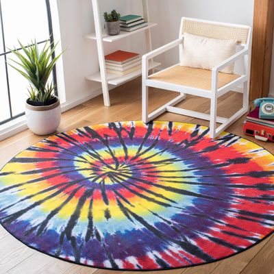 SAFAVIEH Washable Rug Paint Brush Collection - 6'7" Round, Fuchsia & Yellow, Slip Resistant & Easy to Clean, Ideal for Living Room, Bedroom, Nursery, Kids Playroom, Dining Space (PTB127A)
