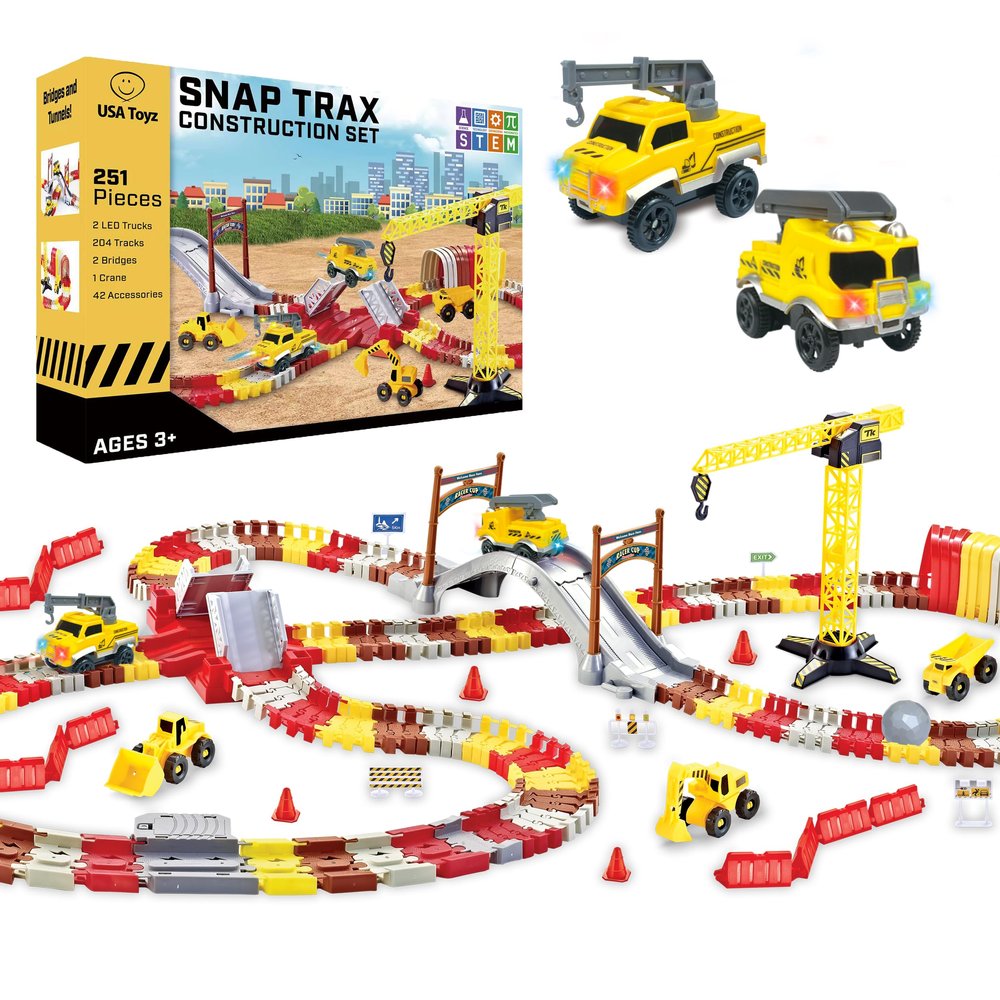 USA Toyz Snap Trax Construction Set Race Tracks for Kids and 2 LED Toy Cars- 251 Pk STEM Building Toys Bendable Race Car Track for Boys Girls, 3 Construction Trucks, Crane, Bridges, 2 Light-Up Trucks