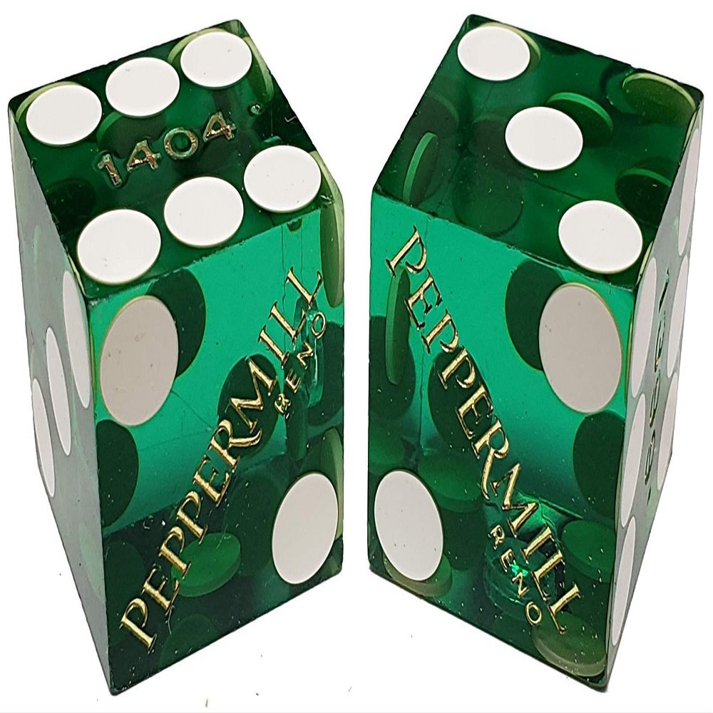 Authentic Nevada Craps Dice - Wide Selection Genuine Casino Table-Played Dice Pairs from Lake Tahoe, Reno & Other Nevada Destinations (Non-Matching, Reno Peppermill - Green Polished)