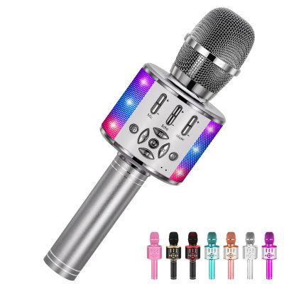 Amazmic Kids Karaoke Microphone Machine Toy Bluetooth Microphone Portable Wireless Karaoke Machine Handheld with LED Lights, Gift for Children Adults Birthday Party, Home KTV(Gray)