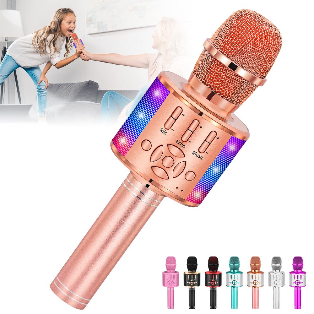 Amazmic Kids Karaoke Microphone Machine Toy Bluetooth Microphone Portable Wireless Karaoke Machine Handheld with LED Lights, Gift for Children Adults Birthday Party, Home KTV(Champagne)