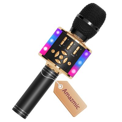 Amazmic Kids Karaoke Microphone Machine Toy Bluetooth Microphone Portable Wireless Karaoke Machine Handheld with LED Lights, Gift for Children Adults Birthday Party, Home KTV(Black Gold)