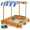 Best Choice Products Kids Wooden Cabana Sandbox Play Station for Children, Outdoor, Backyard w/ 2 Bench Seats, UV-Resistant Canopy Shade, Fabric Sandpit Cover, 2 Side Buckets - Natural view 1