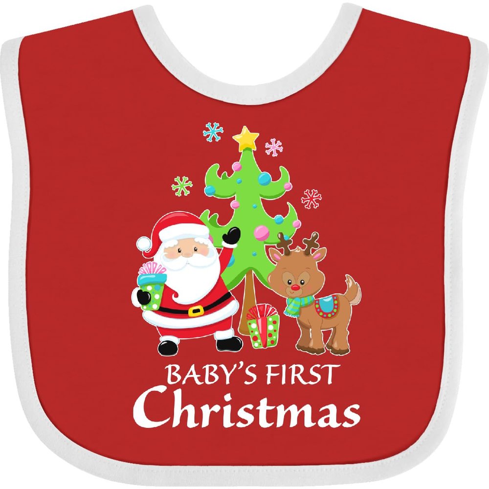 inktastic Baby's 1st Christmas with Santa Reindeer and Tree Baby Bib Red and White 383e4