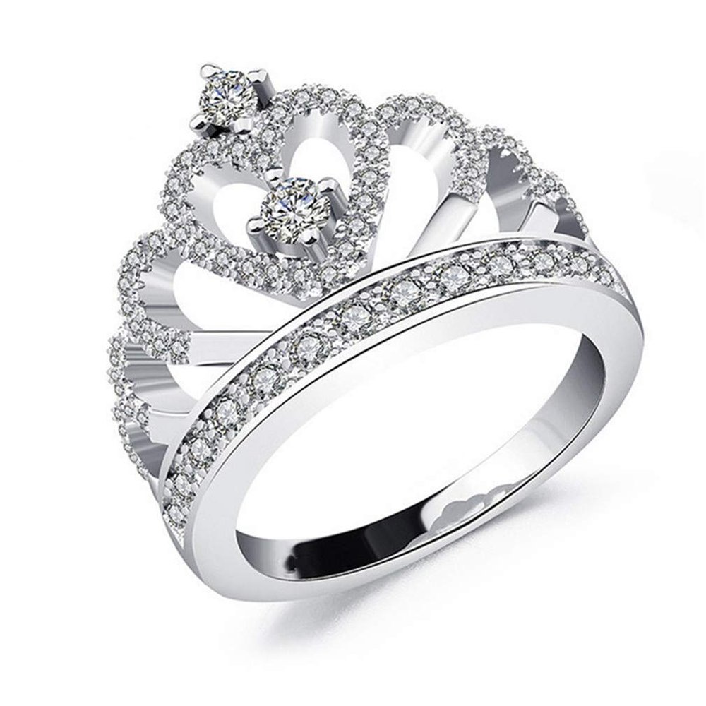 Grandiy Elegant Princess Crown Rings Zircon Finger Rings Simulation Crystal Wedding Finger Rings,Silver 8,57mm