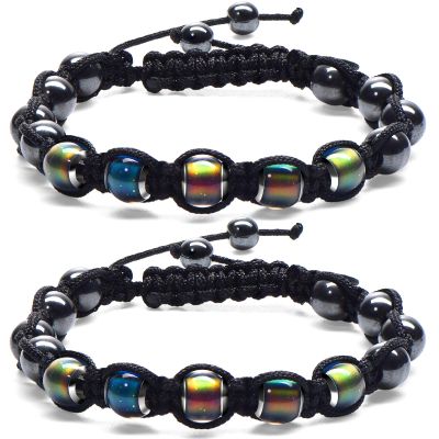 Hicarer Adjustable Mood Bracelet for Women 2 Pieces Dazzling Shimmer Color Changing Beads Based on Emotions Thermochromic Bead Bracelets forfor Men and Adults, christmas Idea Gift (Black Rope)
