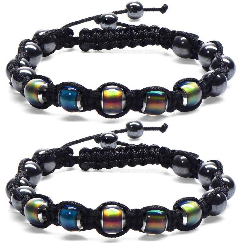 Hicarer Adjustable Mood Bracelet for Women 2 Pieces Dazzling Shimmer Color Changing Beads Based on Emotions Thermochromic Bead Bracelets forfor Men and Adults, christmas Idea Gift (Black Rope)
