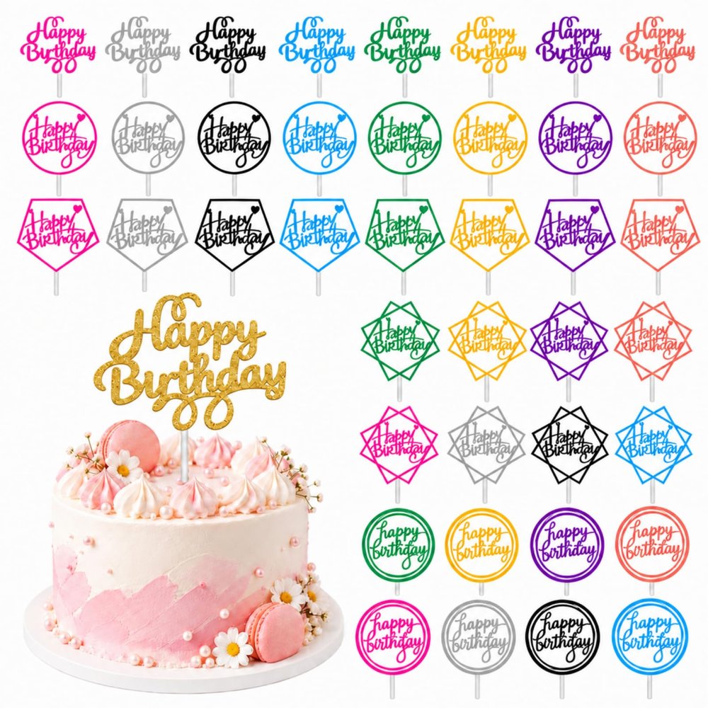 Boao 40 Pcs Happy Birthday Cake Toppers, Glitter Birthday Cake Decorations