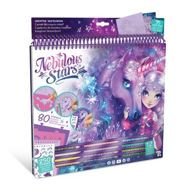 Nebulous Stars Fantasy Horses Sketchbook for Kids - 35 Large Stenciled Purple Pages - Comes with 80 Stencils