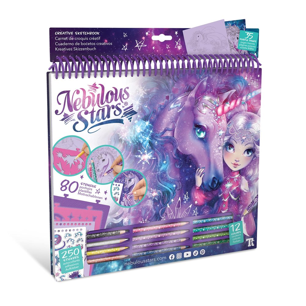 Nebulous Stars Fantasy Horses Sketchbook for Kids - 35 Large Stenciled Purple Pages - Comes with 80 Stencils