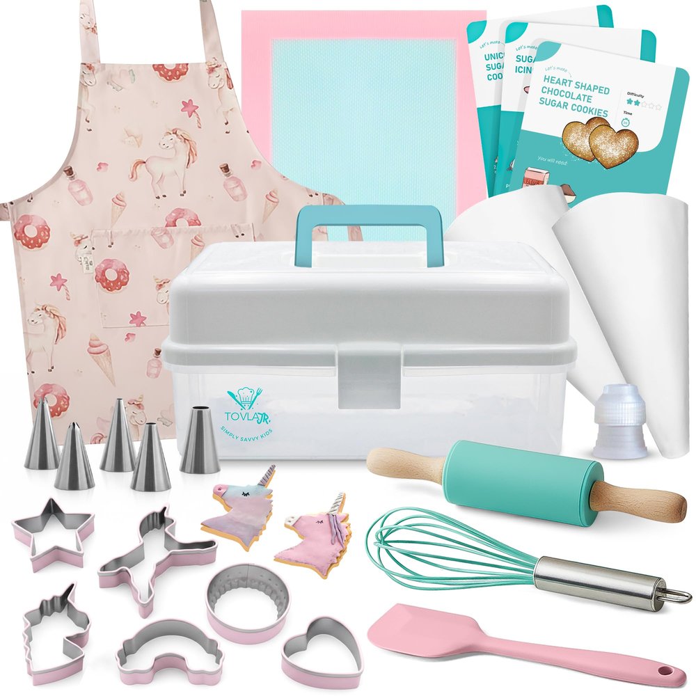 Tovla Jr. Kids Baking Gift Set with Storage Case - Unicorn Baking Gift Set for Kids-Real Cooking Utensils for Cookie, Cupcakes and Decorating