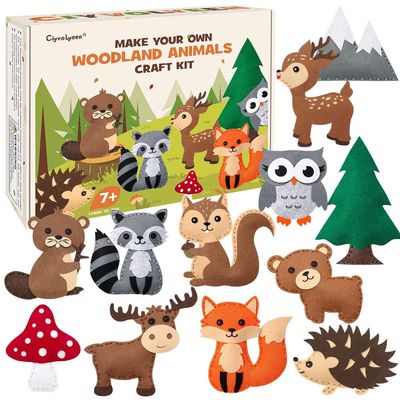 CiyvoLyeen Woodland Animals Craft Kit Kids DIY Crafting and Sewing Set Woodland Animals Felt Plushie for Girls and Boys Educational Beginners Sewing Set Sewing Kits for Kids Age 8 9 10 11 12