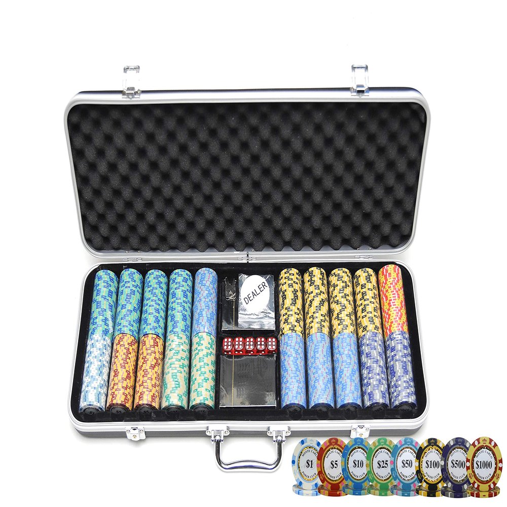HAN'S DELTA Monte Carlo Poker Club Chip Set 14 Gram for Texas Hold'em, Blackjack, Casino Gambling with Black ABS Case, Cards, Dealer Button (Choose 300 or 500 Chips Set) (500 Chips Set)