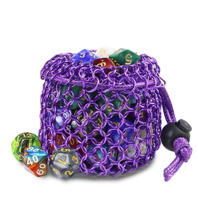 YOUSHARES Chainmail D&D Dice Bag for Dungeons and Dragons Drawstring Stainless Steel Dice Bag Dice Set (Hold 42 DND Dice, Purple)
