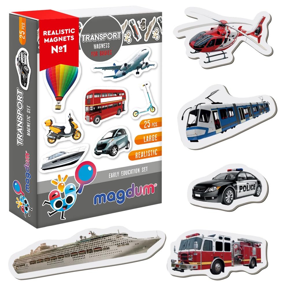25 Fridge Magnets for Toddlers - Transport Kids Magnets for Fridge - Magnetic Vehicles - Toddler Magnet for Refrigerator - Safe Magnet for Kids - Educational Learning Toys to Preschool - Baby Gift