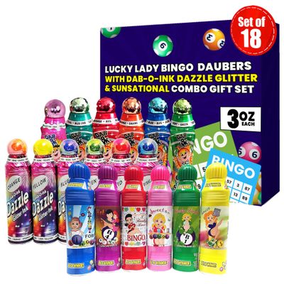 Lucky Lady Bingo Daubers Made with Dab-O-Ink, Sunsational and Dab-O-Ink Dazzle Glitter Combo Gift Set  3 oz. 18 Pack, Versatile Ink Daubers - Bingo Markers for Adults and Seniors