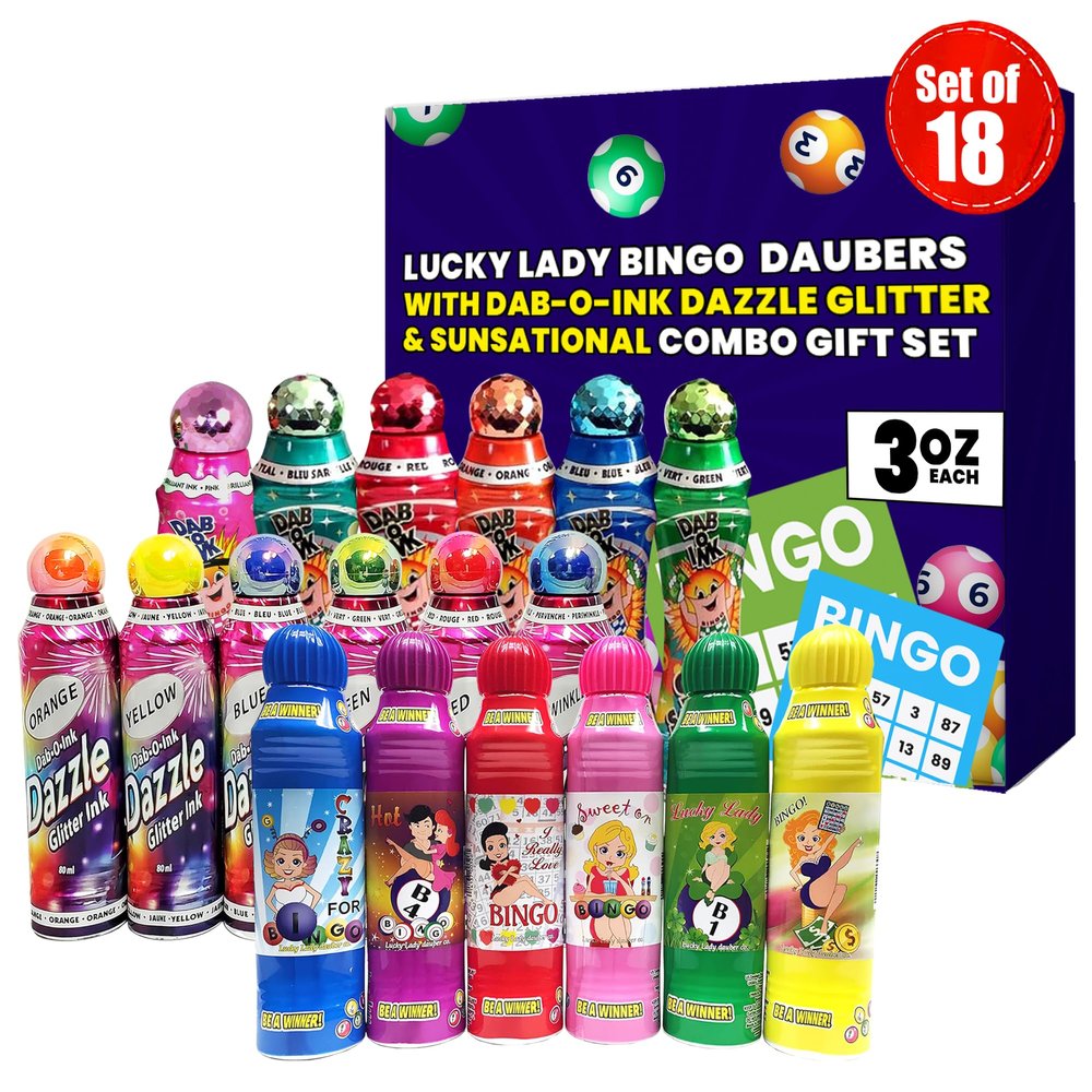 Lucky Lady Bingo Daubers Made with Dab-O-Ink, Sunsational and Dab-O-Ink Dazzle Glitter Combo Gift Set 3 oz. 18 Pack, Versatile Ink Daubers - Bingo Markers for Adults and Seniors