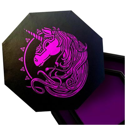 Fantasydice War Unicorn Purple 9" Octagon Dice Tray - Majestic Unicorn Design with Lid & Staging Area for Tabletop RPGs and Board Games