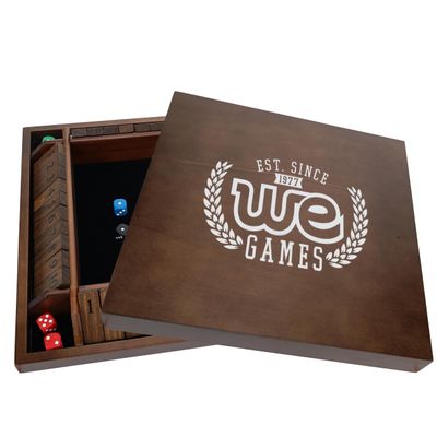 WE Games Custom Logo Printed 4 Player Shut The Box Game with Lid, Walnut Stained Wood, Large Coffee Table Size 14 Inches, Personalized Dice Board Games, Perfect for Home or Bar