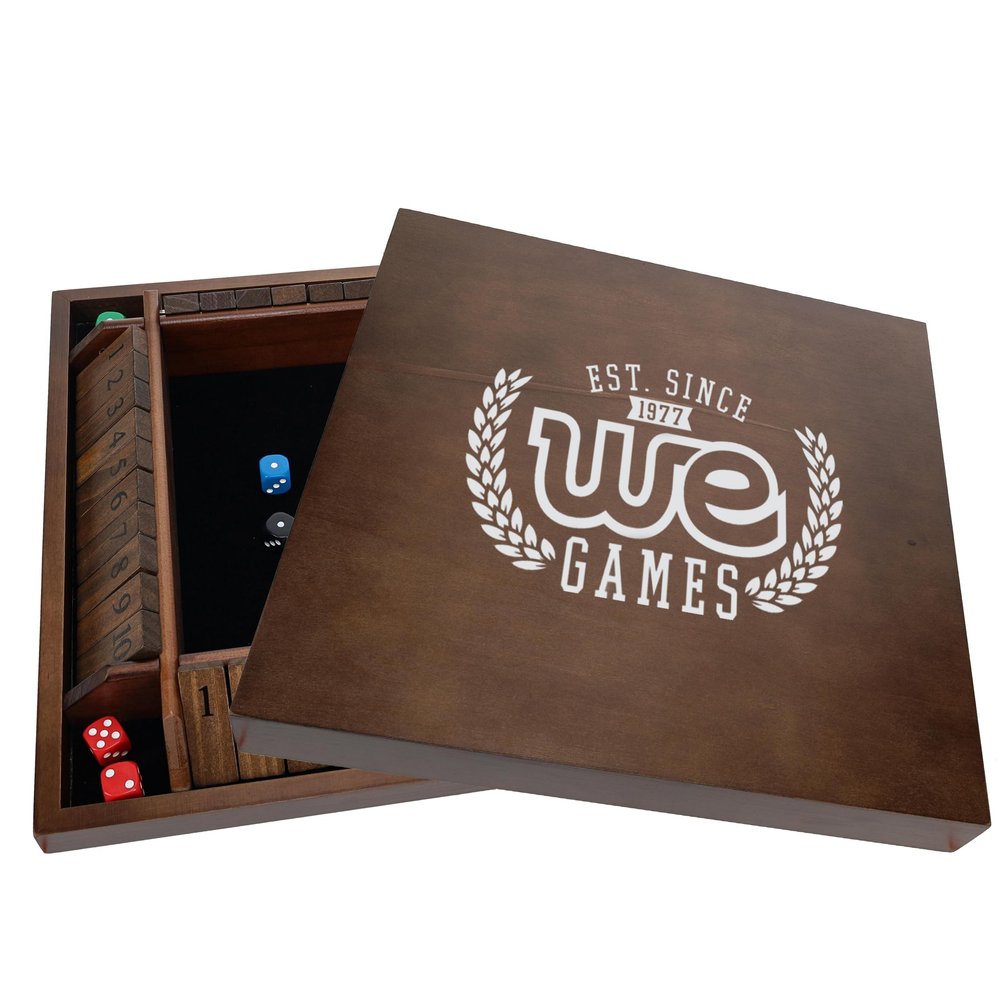 WE Games Custom Logo Printed 4 Player Shut The Box Game with Lid, Walnut Stained Wood, Large Coffee Table Size 14 Inches, Personalized Dice Board Games, Perfect for Home or Bar