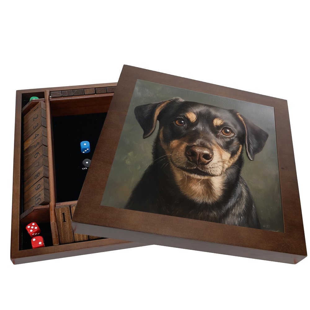 WE Games Custom Image Printed 4 Player Shut The Box Game with Lid, Walnut Stained Wood, Large Coffee Table Size 14 Inches, Personalized Dice Board Games, Perfect for Home or Bar