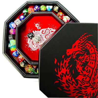 Fantasydice Red Fire Dragon Dice Tray with Wizard Book Print  9" Octagon with Dice Staging Area, Holds 5 Dice Sets  Perfect for D&D, Call of Cthulhu, Shadowrun, and All Tabletop RPGs