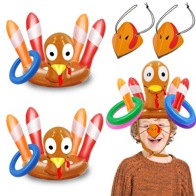 2 Pack Thanksgiving Ring Toss Games Toys for Kids Thanksgiving Inflatable Turkey Hats Toss Games Thanksgiving Family School Party Favors Decor Indoor Outdoor Party Game(2 Turkey Hats, 8 Rings)