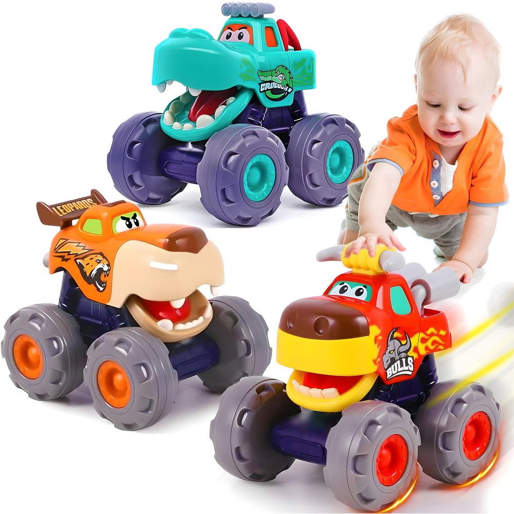 MOONTOY Toy Cars for Toddlers 1-3, 3 Pack Monster Truck Toys for 1 2 3 Year Old Boy Gifts, Baby Animal Play Vehicle Push Pull Back Truck for 12-18 Months 2-4 0-2 1-2 One Year Old Boy 1st Birthday Gift