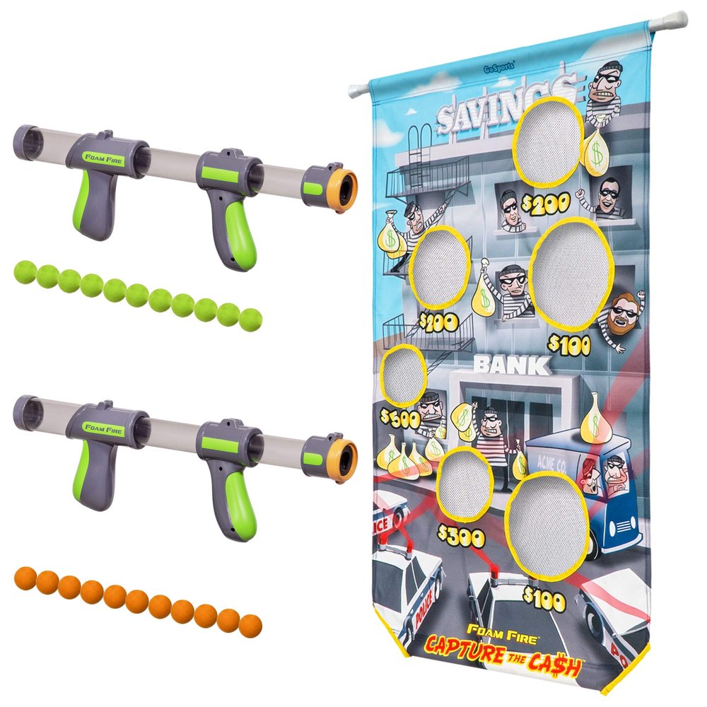 GoSports Foam Fire Games - Alien Invaders, Trophy Hunt, or Door Hang Battle Strike and Capture The Cash Targets - Include 2 Toy Blasters for Kids and Foam Ball Projectiles