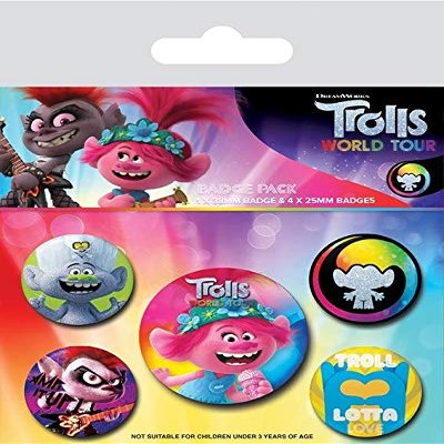 Trolls World Tour Powered by Rainbow Badge Pack | 1x 38mm Badge and 4X 25mm Badges Included, Metal