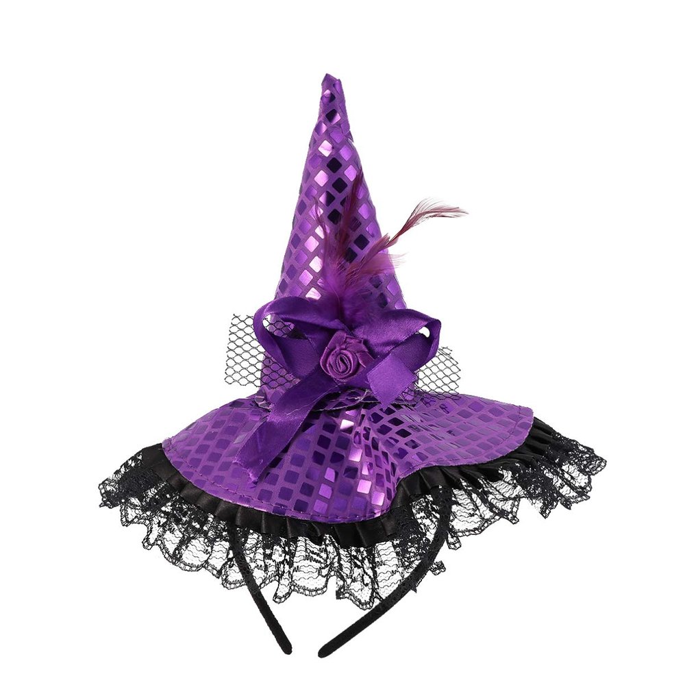 NUOBESTY Halloween Witch Hat, Large Ruched Witch Cap with Lace, Halloween Decoration Headband Costume Dress up Party Favors Purple 2Pcs