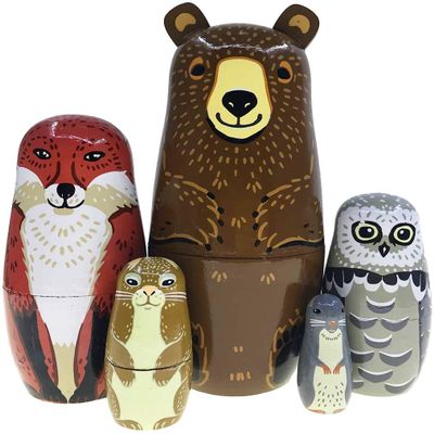 Kakeah Nesting Dolls-Brown Cartoon Owl Bear Fox Raccoon Russian Nesting Dolls Wooden Matryoshka Doll Handmade Stacking Toy Set 5 Pieces for Kids