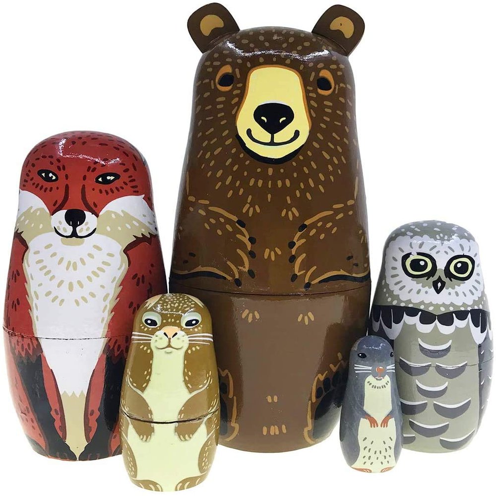 Kakeah Nesting Dolls-Brown Cartoon Owl Bear Fox Raccoon Russian Nesting Dolls Wooden Matryoshka Doll Handmade Stacking Toy Set 5 Pieces for Kids