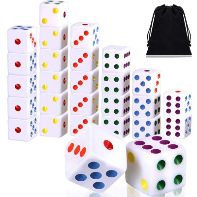 Gejoy 50 Pieces Six Sided Dices 16mm Standard Solid Dice White with Multi-Color Pips Square Corner Dices Set for Board Games and Teaching Math Farkle