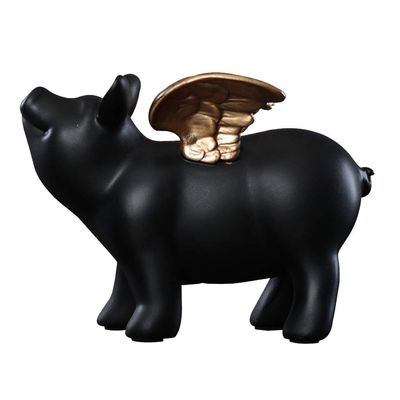 Funny Piglet Miniature Piggy Bank Decorative Resin Angel Money Box Gift Craft Ornament Saving Bank Home Bar Cafe Decor (Color : Black)