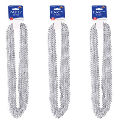 Beistle Silver Party Beads 36 Pack, Small Round Plastic Bead Necklaces
