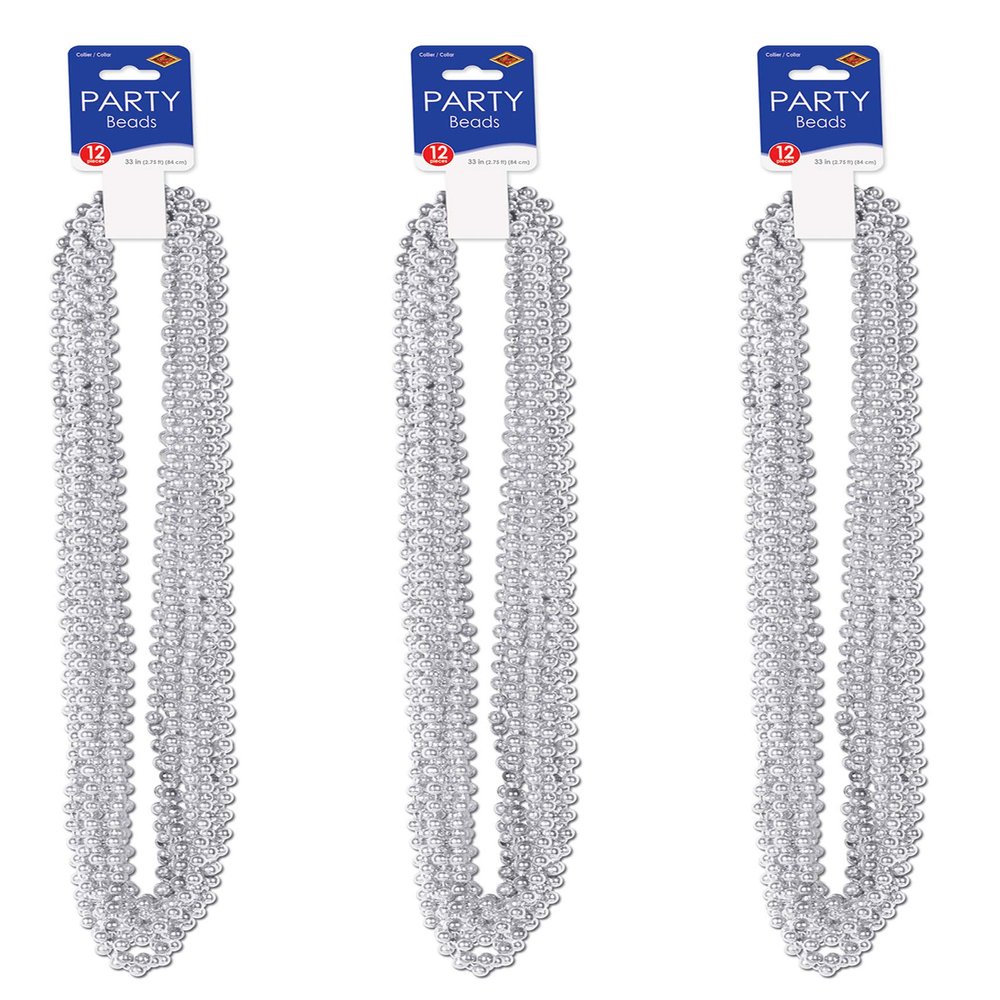 Beistle Silver Party Beads 36 Pack, Small Round Plastic Bead Necklaces