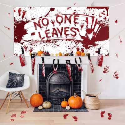 Halloween Scary Decorations Set: No One Leave Backdrop, Horror Banner, Bloody Footprints and Handprints Floor Clings Decals, Zombie Vampire Party Indoor Outdoor Decor Supplies