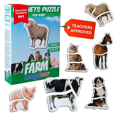 Farm Magnetic Puzzles for Kids 6 Big Magnetic Animals for Baby - Realistic Toddler Magnet for Refrigerator - Travel Games Real Farm Magnets for Fridge - Learning Toy Set - Baby Educational Gift