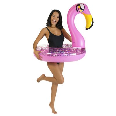 PoolCandy Glitter Animals Pool Tube 36" Inflatable Pink Flamingo Pool Float